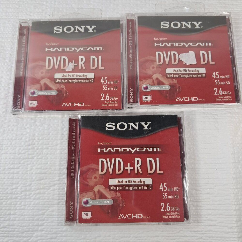 NEW Sony Handycam DVD+R DL blank‎ DVDs SET 3 discs 2.6GB 45 HD/55 SD minutes